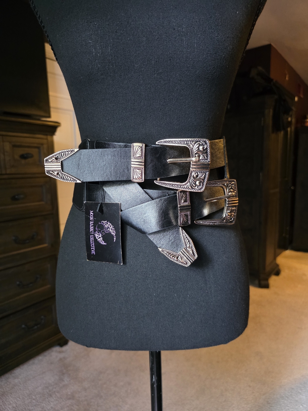 Double Western Buckle Black Leather Waist Belt NWT Goth Statement